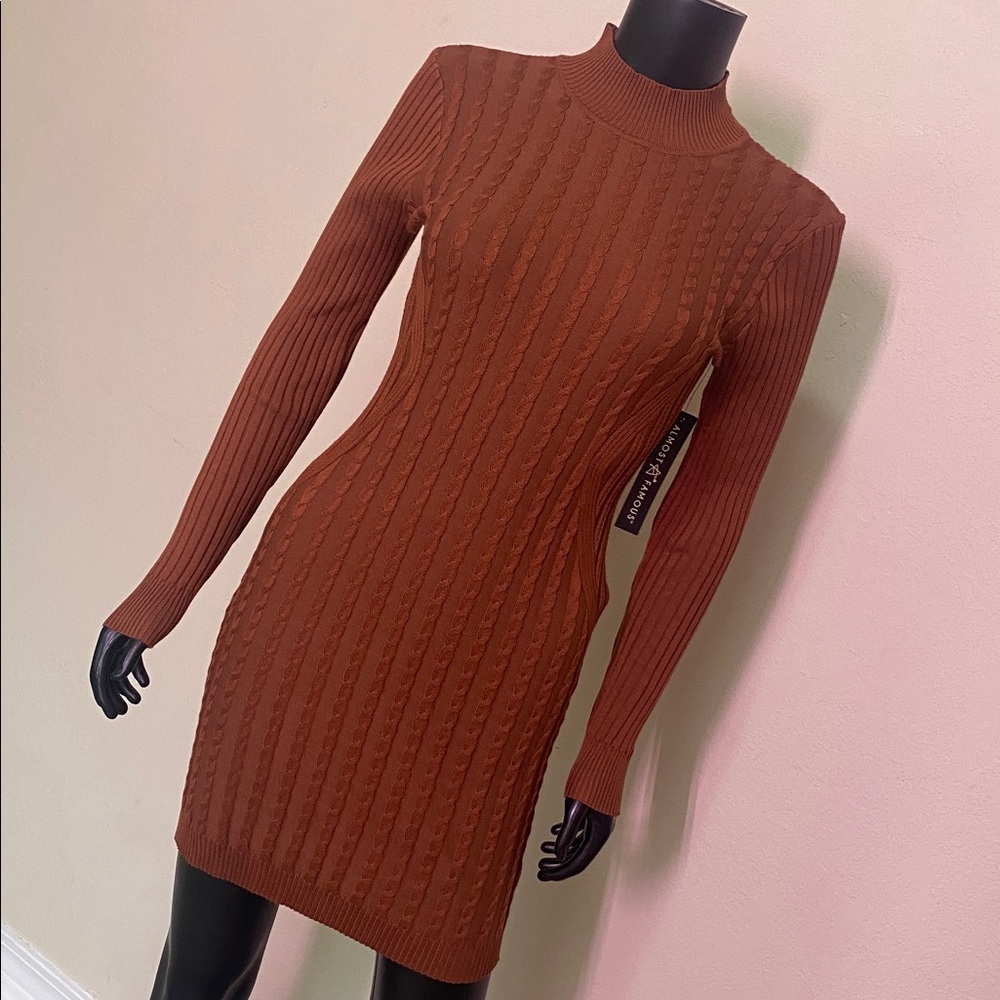 ALMOST FAMOUS Rust Brown Ribbed Long Sleeve Sweater Bodycon Dress